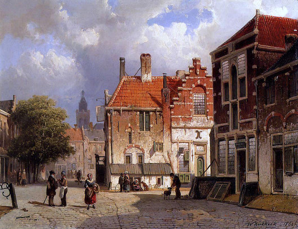  Willem Koekkoek Figures in a Dutch Town Square - Canvas Art Print