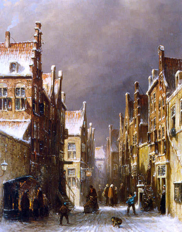  Pieter Gerard Vertin Figures in the Snow Covered Streets of a Dutch Town - Canvas Art Print