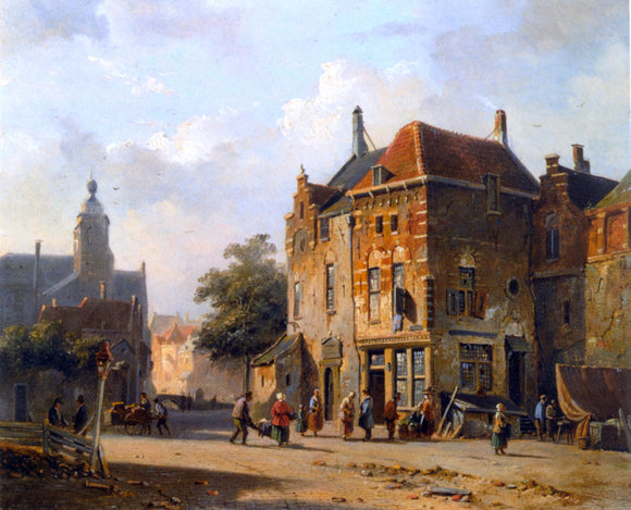 Adrianus Eversen Figures in the Streets of a Dutch Town - Canvas Art Print