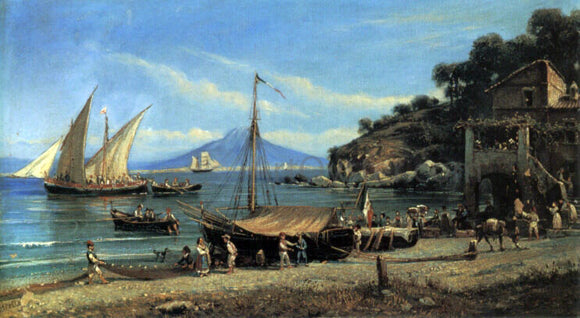  Giovanni Serritelli Figures on a beach near Naples - Canvas Art Print
