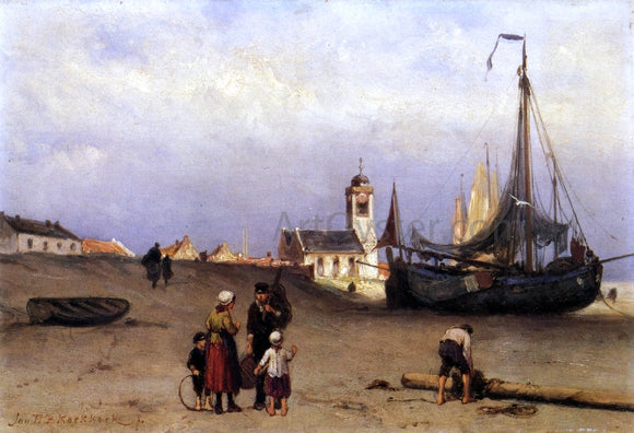  Johannes Barend Koekkoek Fisher Folk and Beach Bomschuiten, near Katwijk - Canvas Art Print