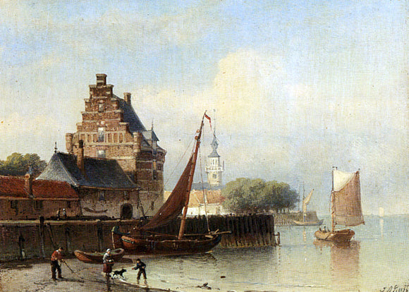  Johan Adolph Rust Fisherfolk On A Riverbank By A Town - Canvas Art Print
