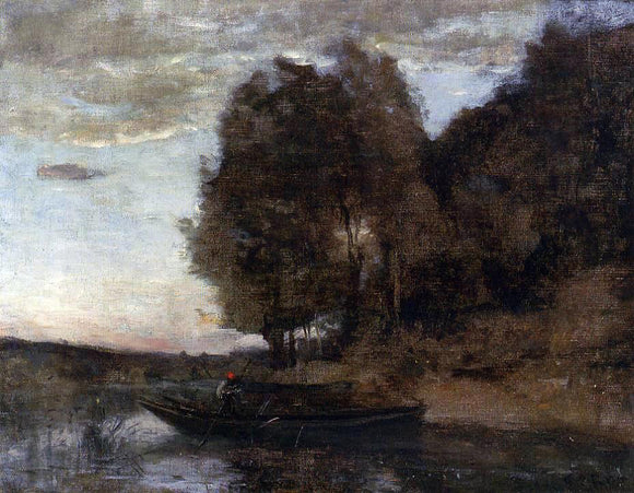  Jean-Baptiste-Camille Corot Fisherman Boating Along a Wooded Landscape - Canvas Art Print