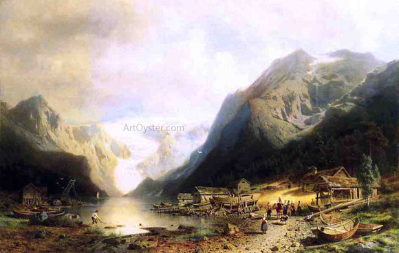  Herman Herzog Fishermans Village on an Alpine Lake - Canvas Art Print