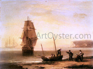  Thomas Luny Fishermen unloading the catch with a merchant ship in calm water off Brymer Bay, Devon - Canvas Art Print