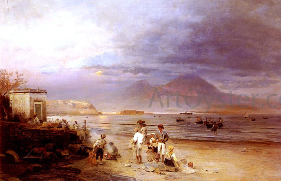  Oswald Achenbach Fishermen with the Bay of Naples and Vesuvius Beyond - Canvas Art Print