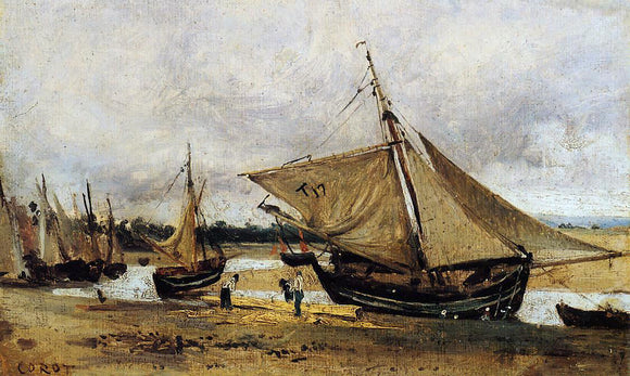  Jean-Baptiste-Camille Corot Fishing Boars Beached in the Chanel - Canvas Art Print