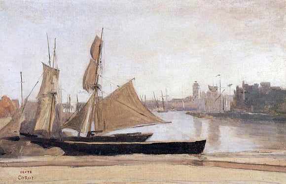  Jean-Baptiste-Camille Corot Fishing Boats Tied to the Wharf - Canvas Art Print
