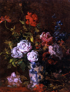  Karl-Pierre Daubigny Floral Still Life in a Blue and White Porcelain Vase - Canvas Art Print