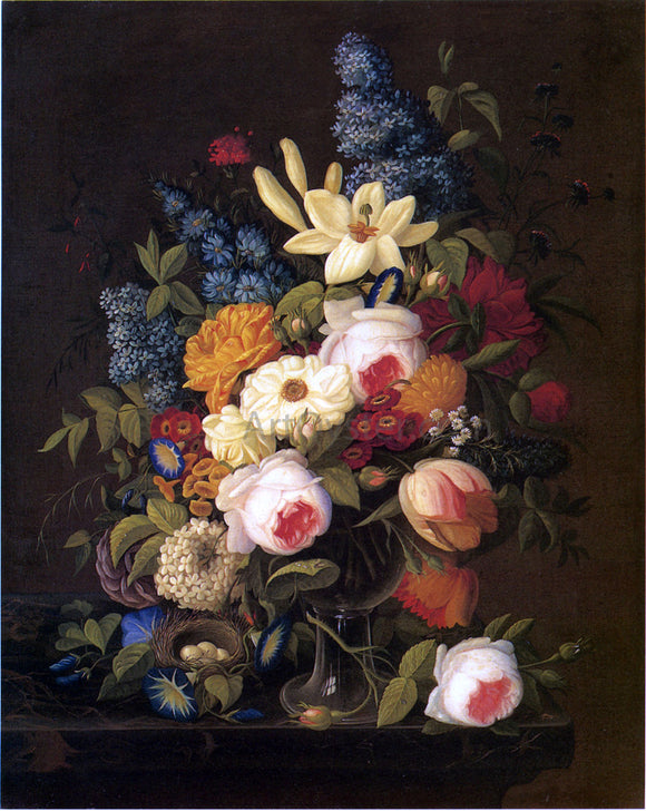  Severin Roesen Floral Still Life with Nest of Eggs - Canvas Art Print