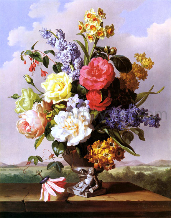  Anton Hartinger Flowers In An Urn On A Ledge - Canvas Art Print
