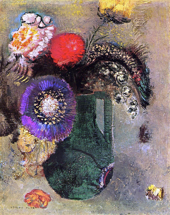  Odilon Redon Flowers in Green Vase with Handles - Canvas Art Print