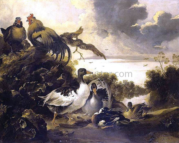  Gijsbert Gillisz De Hondecoeter Fowl on a Riverbank - Canvas Art Print