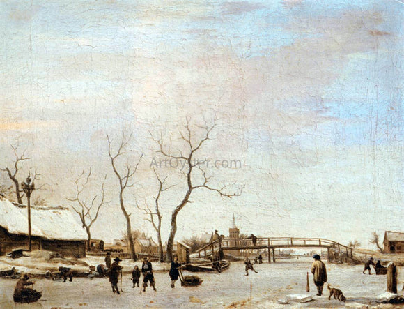  Adriaen Van de Velde Frozen Canal with Skaters and Hockey Players - Canvas Art Print