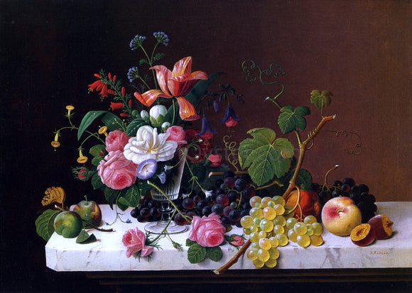  Severin Roesen Fruit and Flowers on a Marble Table Ledge - Canvas Art Print