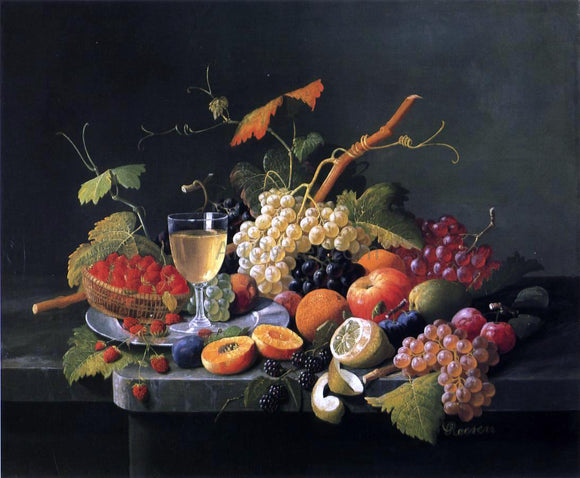  Severin Roesen Fruit on a Marble Ledge with Wine Glass - Canvas Art Print