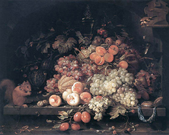  Abraham Mignon Fruit Still-Life with Squirrel and Goldfinch - Canvas Art Print