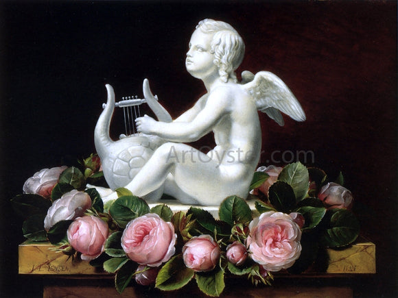  Johan Laurentz Jensen Garland of Pink Roses around 'Cupid Playing a Lyre' on a Brown Marble Ledge - Canvas Art Print