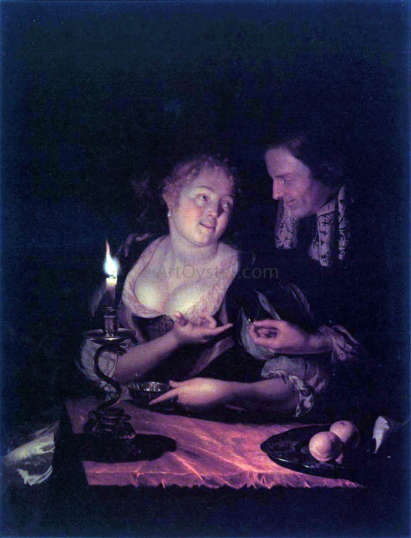  Godfried Schalcken Gentleman Offering a Lady a Ring in a Candlelit Bedroom - Canvas Art Print