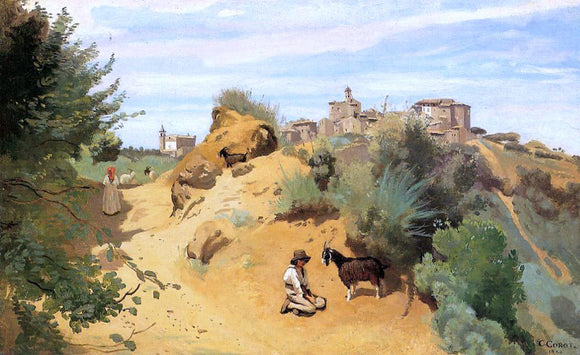  Jean-Baptiste-Camille Corot Genzano - Goatherd and Village - Canvas Art Print