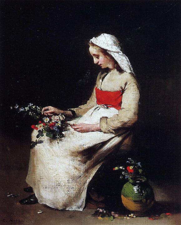  Theodule Ribot Girl Arranging a Vase of Flowers - Canvas Art Print