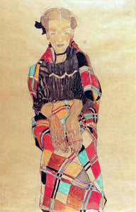  Egon Schiele Girl in Black Pinafore, Wrapped in Plaid blanket - Canvas Art Print