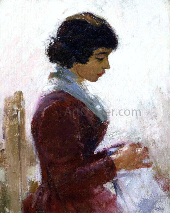  Theodore Robinson Girl in Red, Sewing - Canvas Art Print