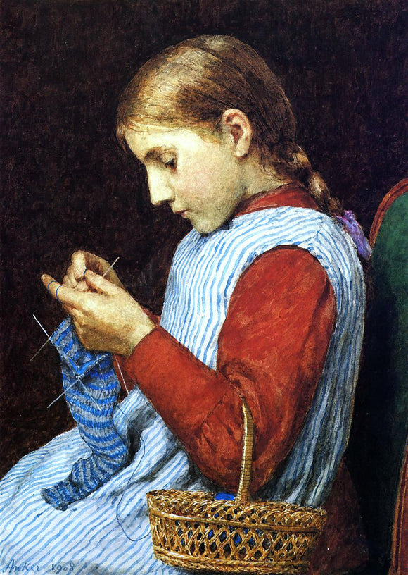 Julian Alden Weir Girl Knitting - Canvas Art Print