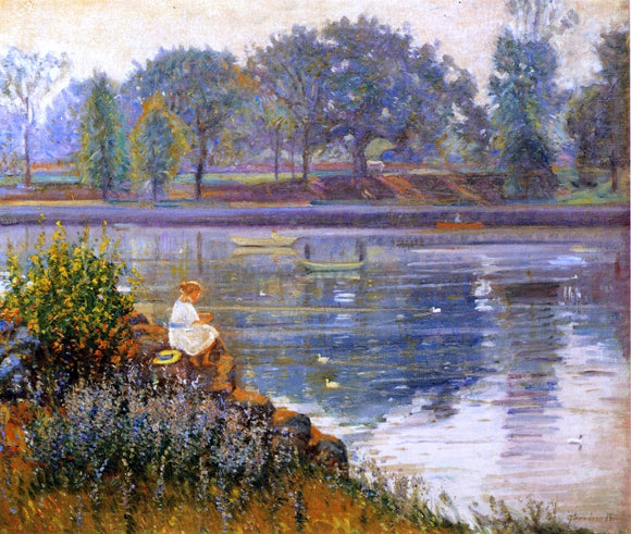  Theodore Wendel Girl Seated by a Pond - Canvas Art Print