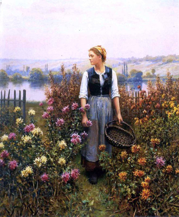  Daniel Ridgway Knight Girl with a Basket in a Garden - Canvas Art Print