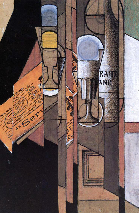  Juan Gris Glasses, Newspaper and Bottle of Wine - Canvas Art Print