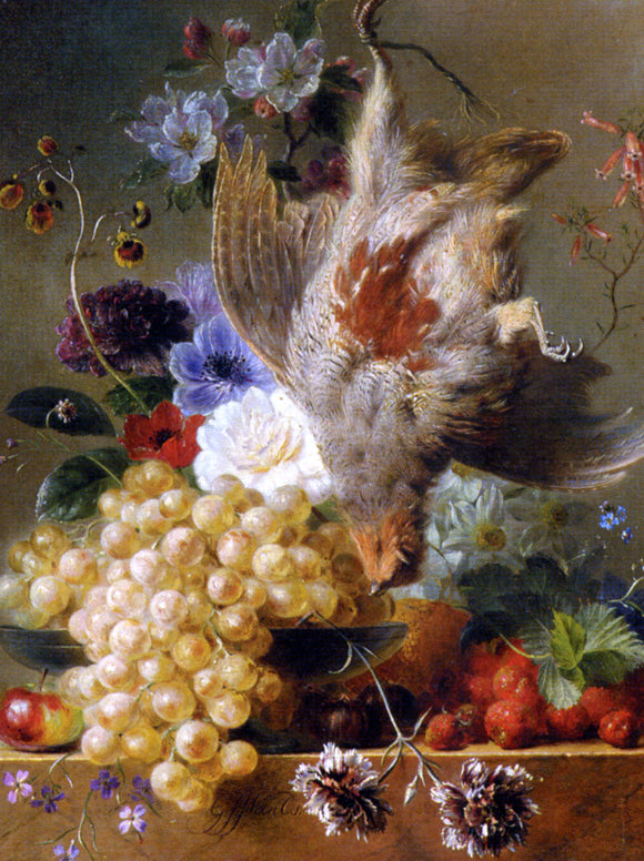  George Jacobus Johannes Van Os Grapes Strawberries Chestnuts an Apple and Spring Flowers - Canvas Art Print