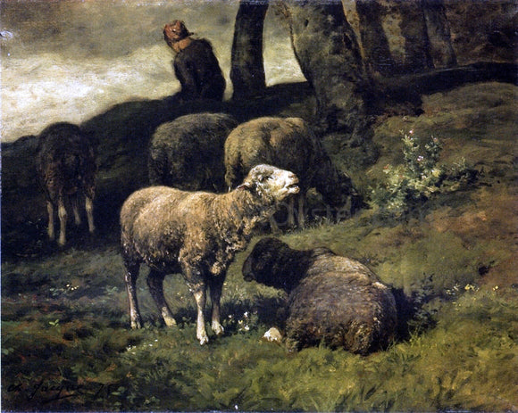  Charles Emile Jacque Grazing Sheep with a Sheperdhess Beyond - Canvas Art Print