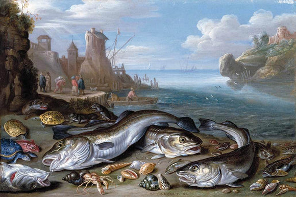  Jan Van I Kessel Harbour Scene with Fish - Canvas Art Print