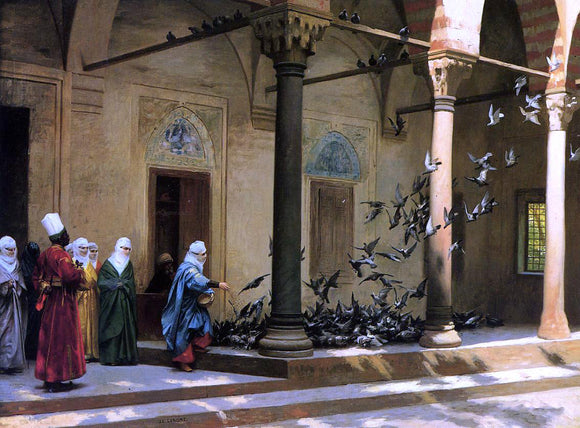  Jean-Leon Gerome Harem Women Feeding Pigeons in a Courtyard - Canvas Art Print