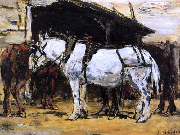  Eugene-Louis Boudin Harnessed Horses - Canvas Art Print