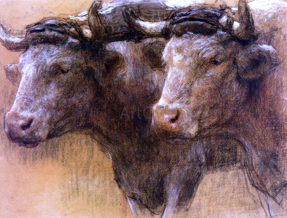  Leon Augustin L'hermitte) Heads of Two Oxen, Study for 'La Famille' - Canvas Art Print