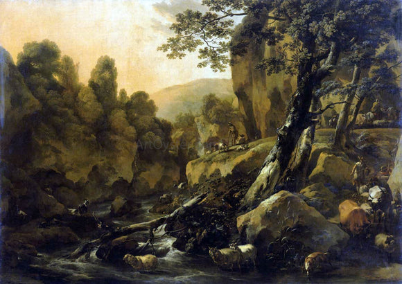  Nicolaes Berchem Herdsmen and Herds at a Waterfall - Canvas Art Print