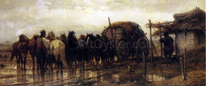 Adolf Schreyer Hitching Horses to the Wagon - Canvas Art Print