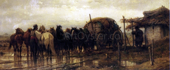 Adolf Schreyer Hitching Horses to the Wagon - Canvas Art Print