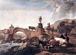  Nicolaes Berchem Italian Landscape with Bridge - Canvas Art Print