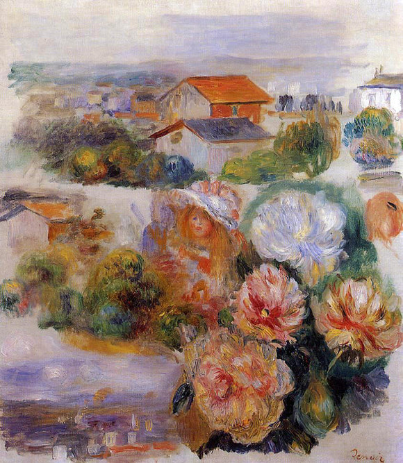  Pierre Auguste Renoir Landscape, Flowers and Little Girl - Canvas Art Print