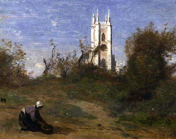  Jean-Baptiste-Camille Corot Landscape with a White Tower, Souvenir of Crecy - Canvas Art Print