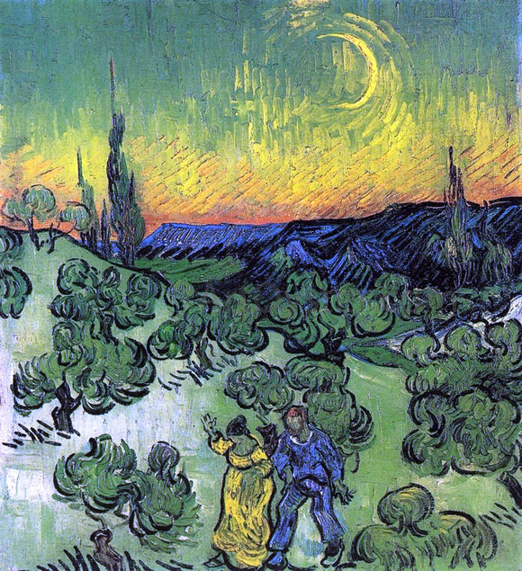  Vincent Van Gogh Landscape with Couple Walking and Crescent Moon - Canvas Art Print
