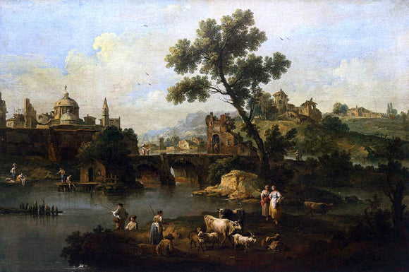  Giuseppe Zais Landscape with River and Bridge - Canvas Art Print