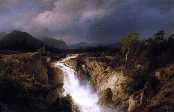  Herman Herzog Landscape with Waterfall - Canvas Art Print