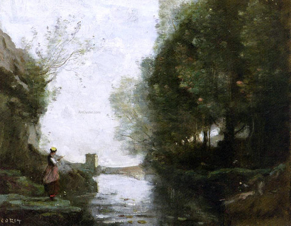  Jean-Baptiste-Camille Corot Le cours d'eau a la tour carree - Canvas Art Print