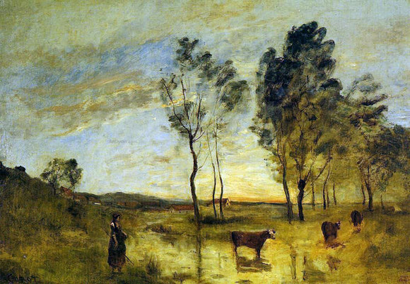  Jean-Baptiste-Camille Corot Le Gue (also known as Cows on the Banks of the Gue) - Canvas Art Print