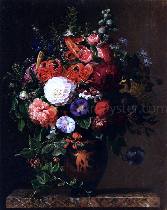  Johan Laurentz Jensen Lilies, Peonies, Violets and Roses in a Greek Figure Vase on a Marble Pedestal - Canvas Art Print
