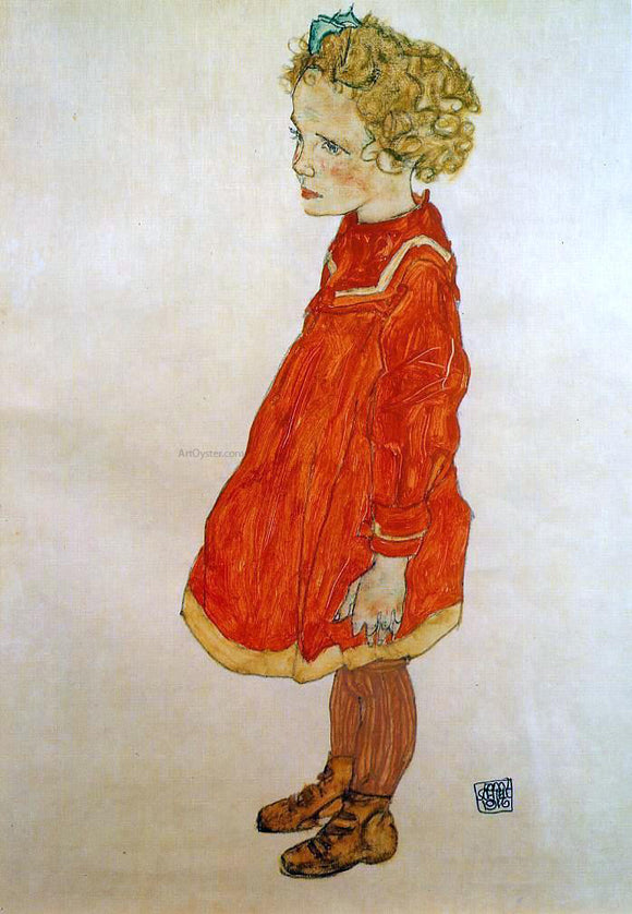  Egon Schiele Little Girl with Blond Hair in a Red Dress - Canvas Art Print